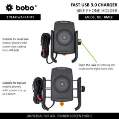 BOBO BM12 Bike Phone Holder (with Fast 15W Wireless Charger & USB-C Input/Output Port) Motorcycle Mobile Mount - LRL Motors