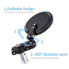 Universal Motorcycle Mirrors - 3 Inch Round Folding Bar End Side Mirror Compatible with Honda, Scooter, Suzuki, Yamaha, Kawasaki, Victory, Harley Davidson and More - LRL Motors