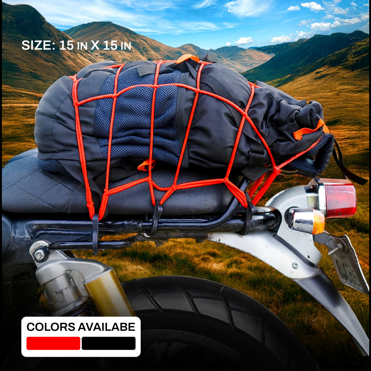 66BHP Stretch Cargo Net 15 x 15 inch with 6 Scratch-Proof Hooks – Motorcycle Luggage Net
