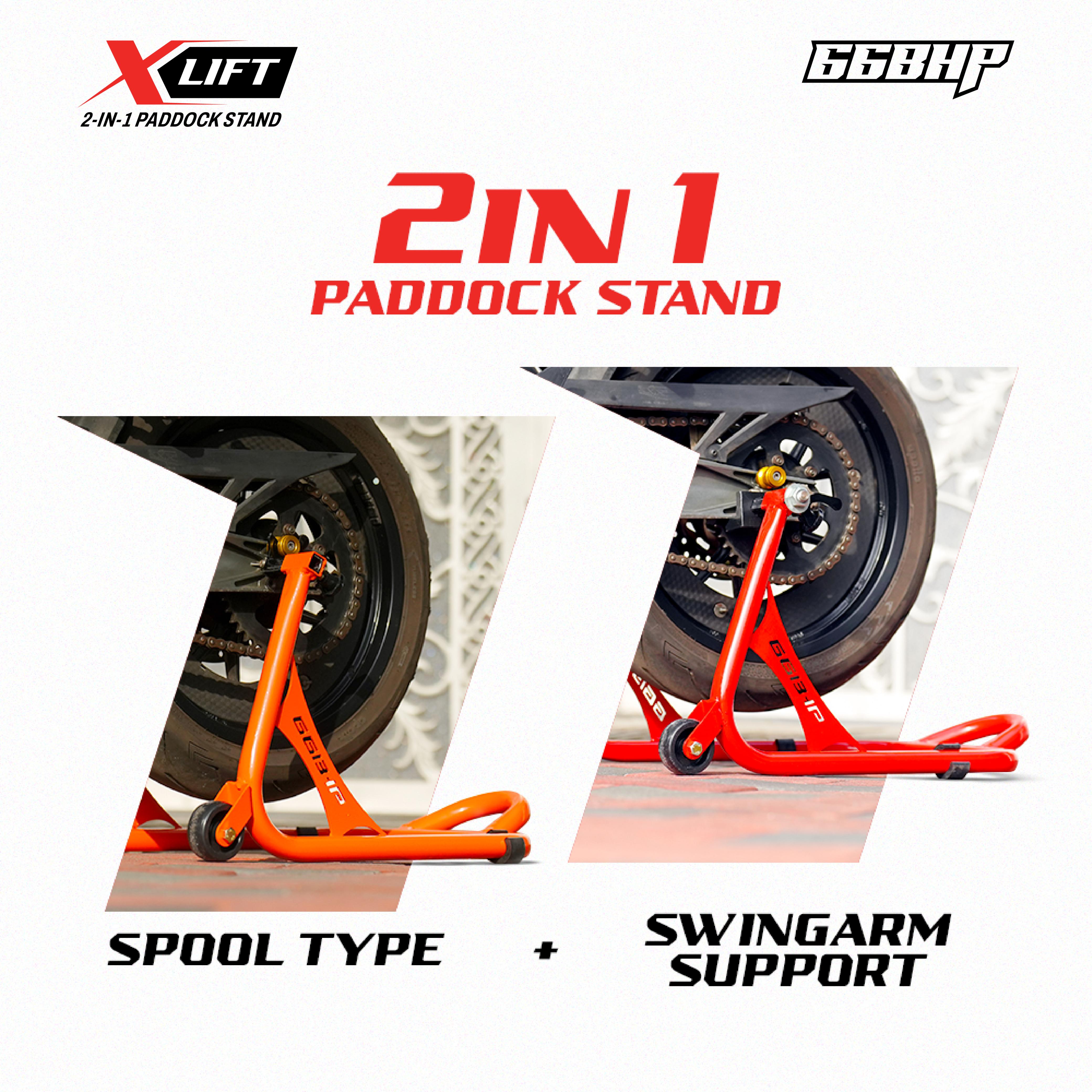 66Bhp X-Lift | The Ultimate 2-in-1 Paddock Stand – Spool & Swingarm Ready