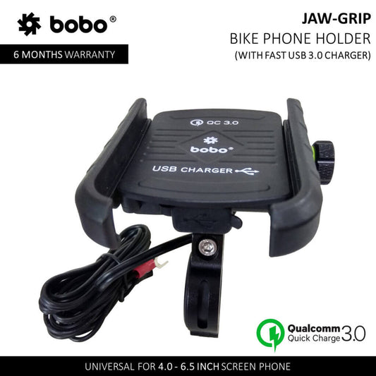 Bobo Jaw grip Bike Phone Holder (with fast USB 3.0 charger) Motorcycle Mobile Mount