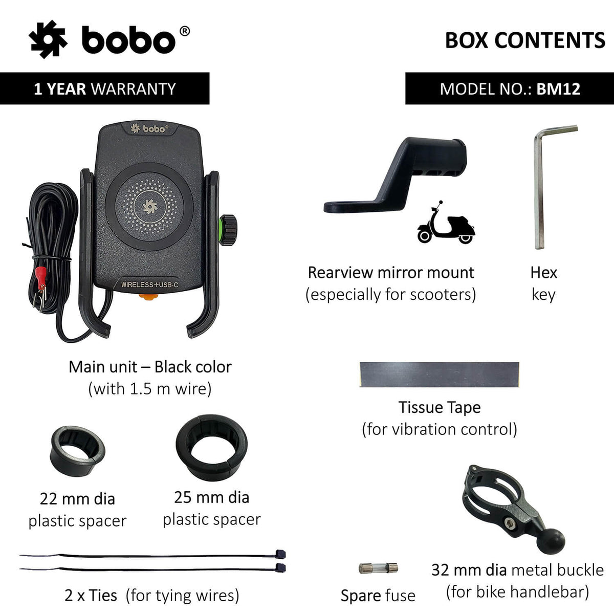 BOBO BM12 Bike Phone Holder (with Fast 15W Wireless Charger & USB-C Input/Output Port) Motorcycle Mobile Mount - LRL Motors