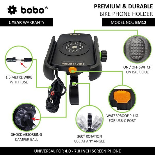 BOBO BM12 Bike Phone Holder (with Fast 15W Wireless Charger & USB-C Input/Output Port) Motorcycle Mobile Mount - LRL Motors