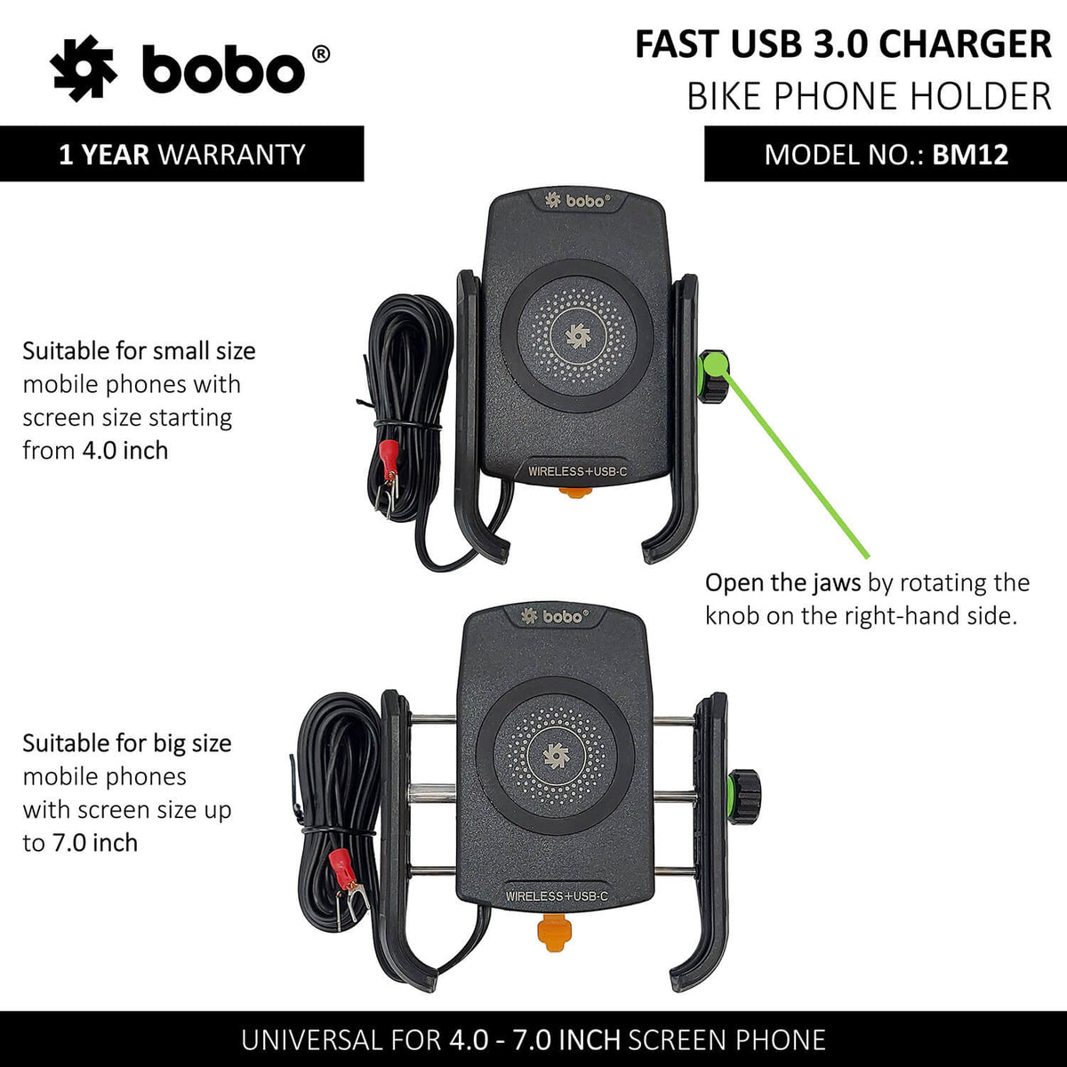 BOBO BM12 Bike Phone Holder (with Fast 15W Wireless Charger & USB-C Input/Output Port) Motorcycle Mobile Mount - LRL Motors