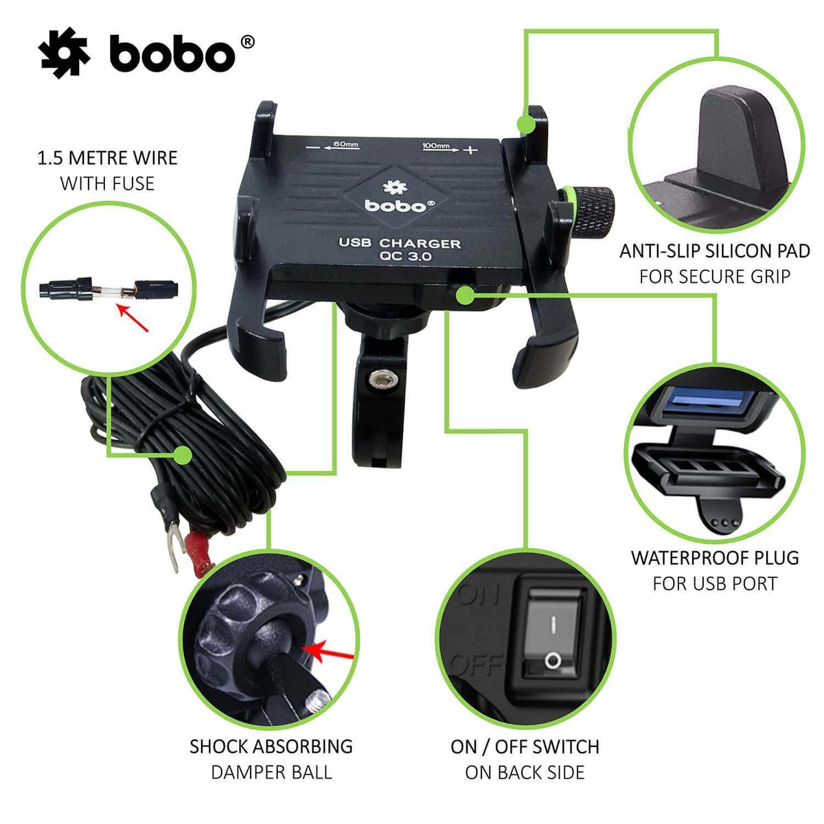 Claw-Grip Aluminium Bike Phone Holder (With Fast USB 3.0 Charger) Motorcycle Mobile Mount - LRL Motors