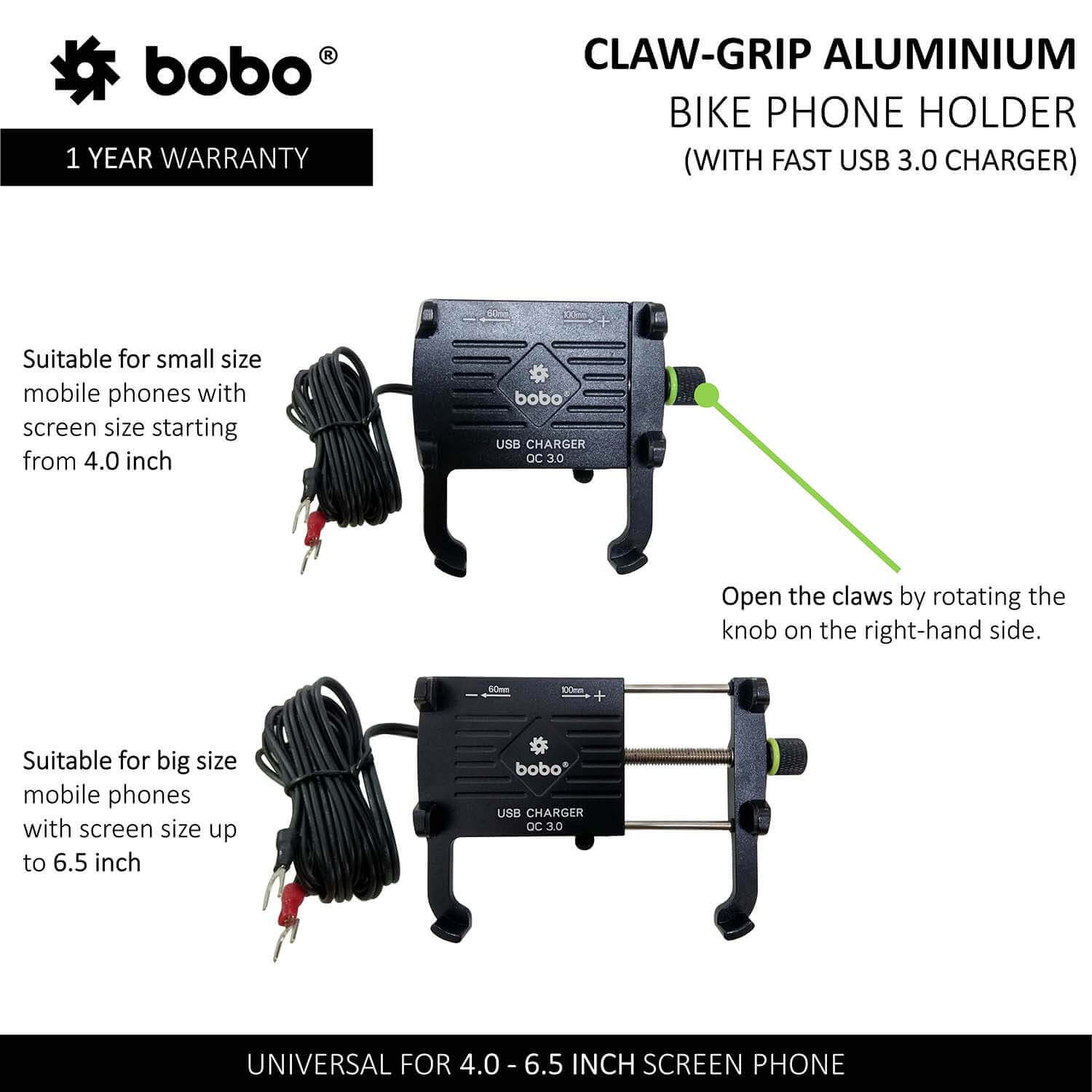 Claw-Grip Aluminium Bike Phone Holder (With Fast USB 3.0 Charger) Motorcycle Mobile Mount - LRL Motors