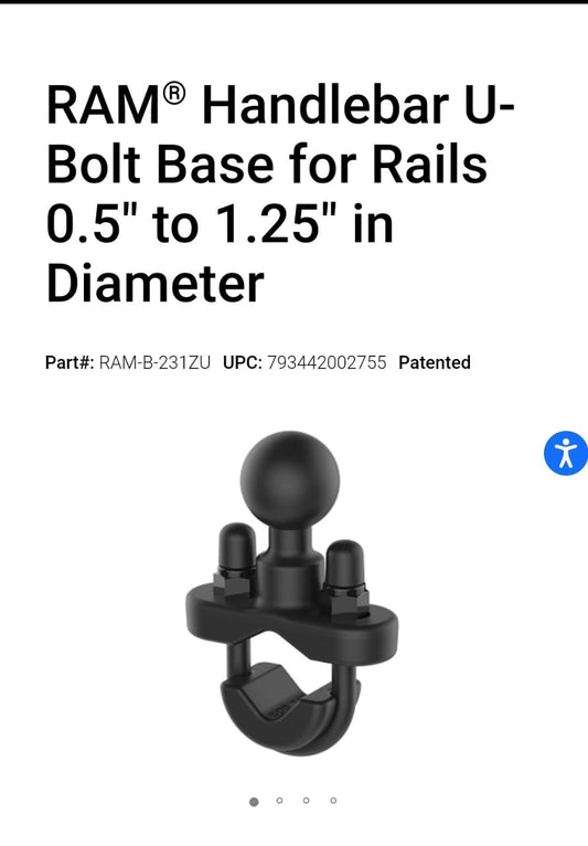 RAM* HANDLEBAR U-BOLT BASE FOR RAILS 0.5 TO 1.25 IN DIAMETER - LRL Motors