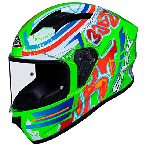 SMK Helmets - Stellar - Graffiti - Fluorescent Green Red Orange - Pinlock Anti Fog Lens Fitted Single Clear Visor Full Face Helmet - LRL Motors
