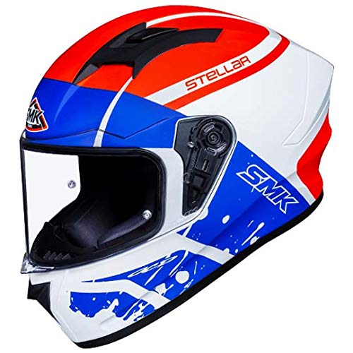 SMK Helmets - Stellar - Squad - White Red Blue - Pinlock Anti Fog Lens Fitted Single Clear Visor Full Face Helmet - MA153 - LRL Motors